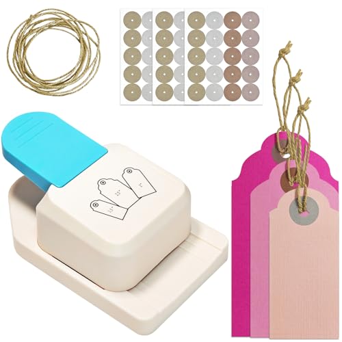 3 in 1 Tag Punch for Cardstock 1.5/2/2.5 Inch Craft Paper Punch with 60 Sticker Reinforcement Jute String for Making Hang Tag Price Tag