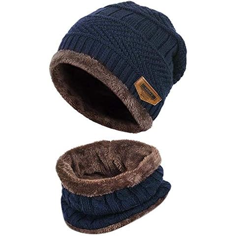 Winter Beanie Hat Scarf Set Fleece Liner Warm Knitted Hat and Circle Scarf for Men and Women Indoors and Outdoor Navy Cover