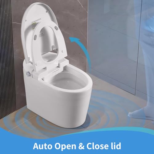 Inodoro inteligente, sanitario todo en uno con bidé, descarga automática, tapa automática, sensor de pie, asiento con calefacción, secado con aire tibio, luz nocturna, respaldo de batería de 9V, inodoro moderno alargado de cerámica para baño miniatura 4