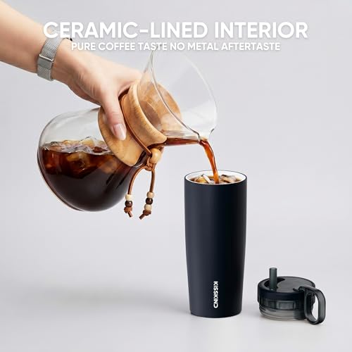 Image of KISSKIND Leakproof Iced Coffee Tumbler 20 oz, Insulated Ceramic Lined Cup | Iced Coffee All Day, Leakproof, Ceramic-Lined Interior, Bag-Safe Commute, Work, Travel, Fits Cup Holders, Hidden Straw Lid