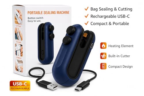 Image of WEJIT Portable Mini Sealing Machine for Food Packets Blue (blue) | 2-in-1 Heat Sealer & Cutter, Plastic Sealing, USB Rechargeable, Snack Bag Sealer