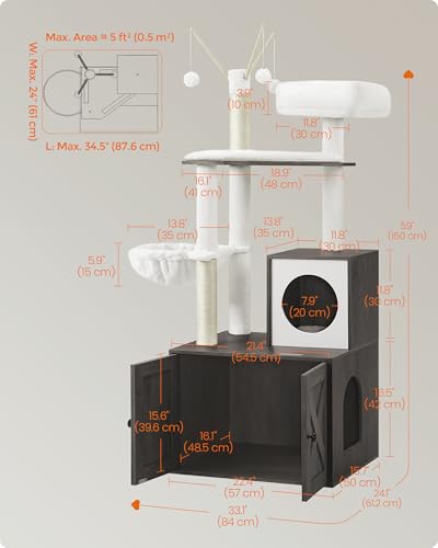 Image of Feandrea Cat Tree with Litter Box Enclosure, 59-Inch Modern Cat Tower | 2-In-1 Condo with Scratching Posts, Washable Removable Cushion, Misty Gray UPCT113G02