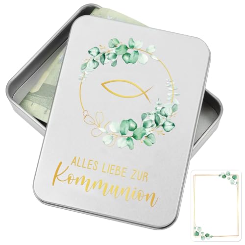 COMOOKA Alles Liebe zur Kommunion Geldgeschenk Erinnerungsbox 115x85x22mm Kleine Metalldose mit Deckel Erstkommunion Geschenk mit Eukalyptus und Fisch Geldgeschenke Verpackung
