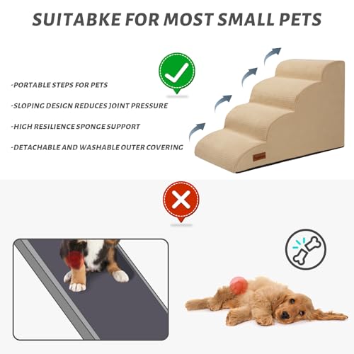 Image of Aodisman Dog Steps for Bed or Couch,4-Step Pet Stairs Ramp for Small Dogs | 17.4 inch H Indoor Non-Slip Dog Stairs Help Senior Dogs,Short-Legged Breeds,Puppies and Cats to Reach Beds and Chairs,Grey,Khaki