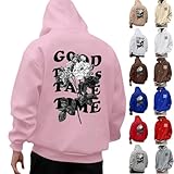 Graphic Hoodies,Graphic Hoodies For Men,Pink Pullover Oversize Long Sleeve Comfy Casual Cool Hooded Sweatshirt Trendy Good Things Take Time Print Sweater Tops Teens,XXL
