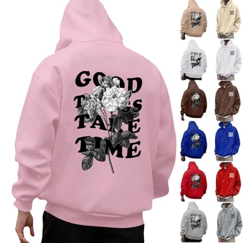Graphic Hoodies,Graphic Hoodies For Men,Pink Pullover Oversize Long Sleeve Comfy Casual Cool Hooded Sweatshirt Trendy Good Things Take Time Print Sweater Tops Teens,XXL