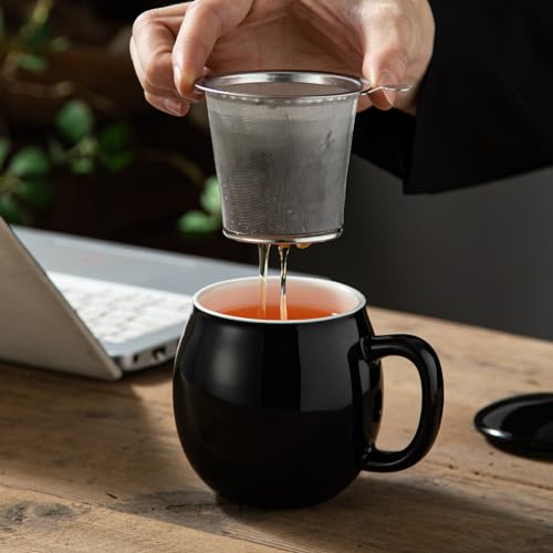 Image of Yundu 12 OZ Brilliant Black Ceramics Teacup with Infuser and Lid, Mug with Lid for Steeping - Stainless Steel Infuser for Loose Leaf Tea, Home Office Gift for Tea Lovers