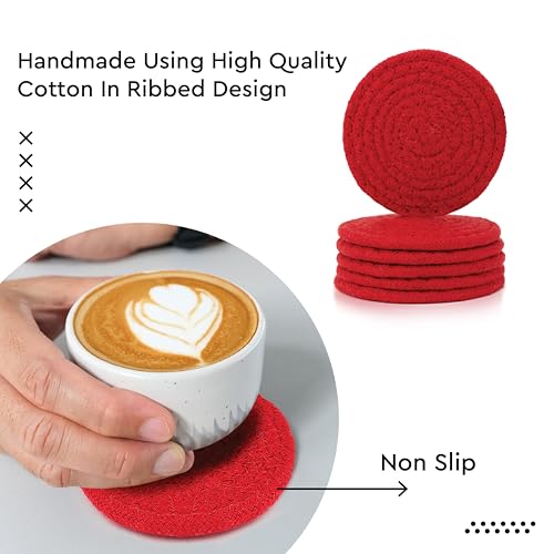 Image of Encasa XO Drink Coasters Set of 6 | Red with Round (9 cm) | Handcrafted Ribbed Cotton | Absorbent & Heat-Resistant | Use for Tea, Coffee Table & Desk