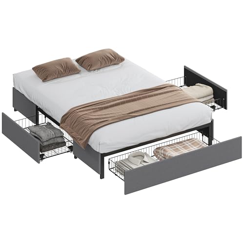 HOMCOM Cama Doble 140x190 cm Estructura de Cama Somier con 3 Cajones y Estructura de Metal Carga 363 kg Gris
