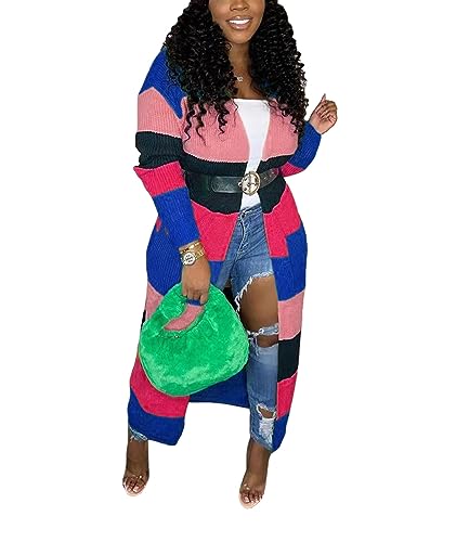 Image of SOMTHRON Women's Fall Cardigan Sweater Open Front Color Block Striped Knit Long Draped Coat Duster Outerwear