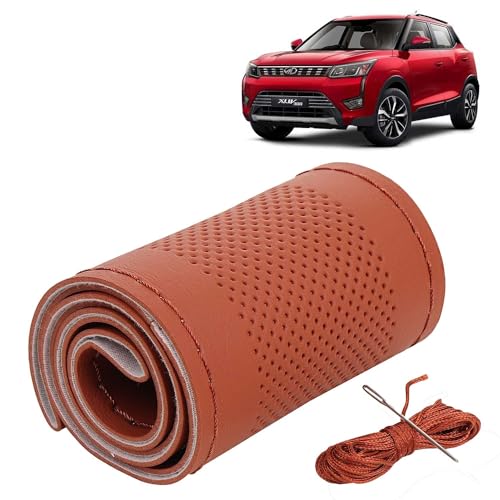 Image of KINGSWAY PU Leatherite Car Steering Cover Sewable Compatible with Mahindra XUV 300 (Year 2019 Onwards), Tan Color with Tan Thread, Pack of 1 with Sewing Needle and Thread