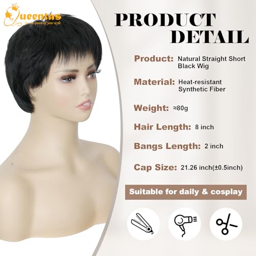 Image of QUEENTAS Short Black Wigs for Women Pixie Layered Wig Glueless Natural Looking Synthetic Wigs for Daily and Cosplay(Black)