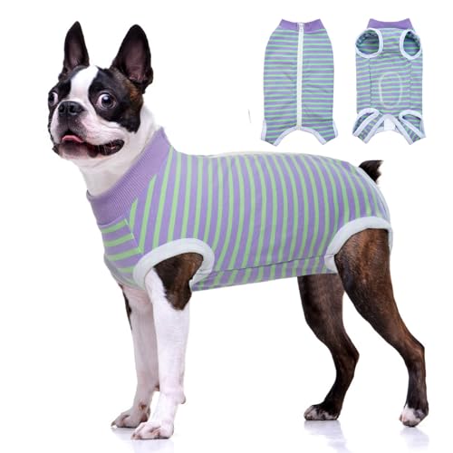 Image of BRKURLEG Small Dog Recovery Suit After Surgery, Abdominal Wound Protection, Back Zipper Spay Recovery Suit for Dogs & Cats, Soft Anti-Licking Puppy Onesie, Cone Alternative, Purple Stripes XL