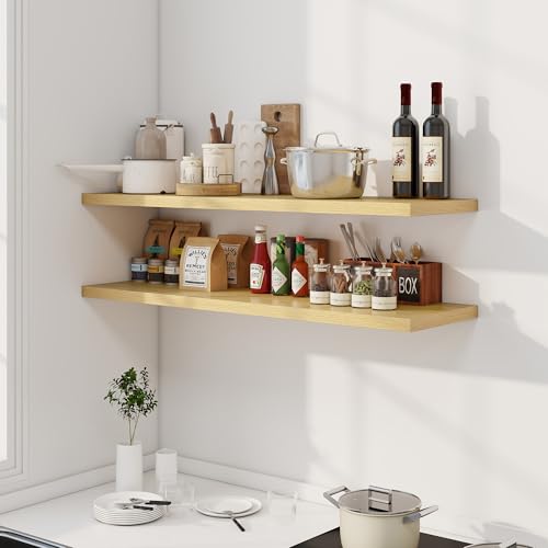 Image of Dreamland 48 inch Floating Shelves for Wall, 12 inch Deep Slim Oak Floating Shelves, Wall-Mounted Shelves for Bedroom, Living Room, Kitchen, Bathroom - Set of 2