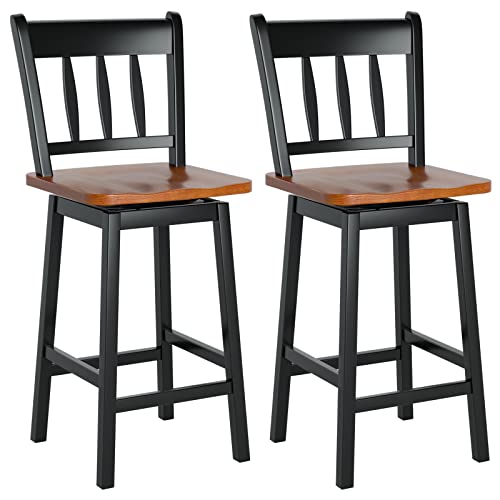 Butacos COSTWAY, Set de 2, Altura de Barra de 24,5 pulgadas, con Asiento de Madera Sólida de Caucho, Giro de 360°, Reposapiés y Espaldar, Ideales para Isla de Cocina, Encimera o Pub (Negro) miniatura 1