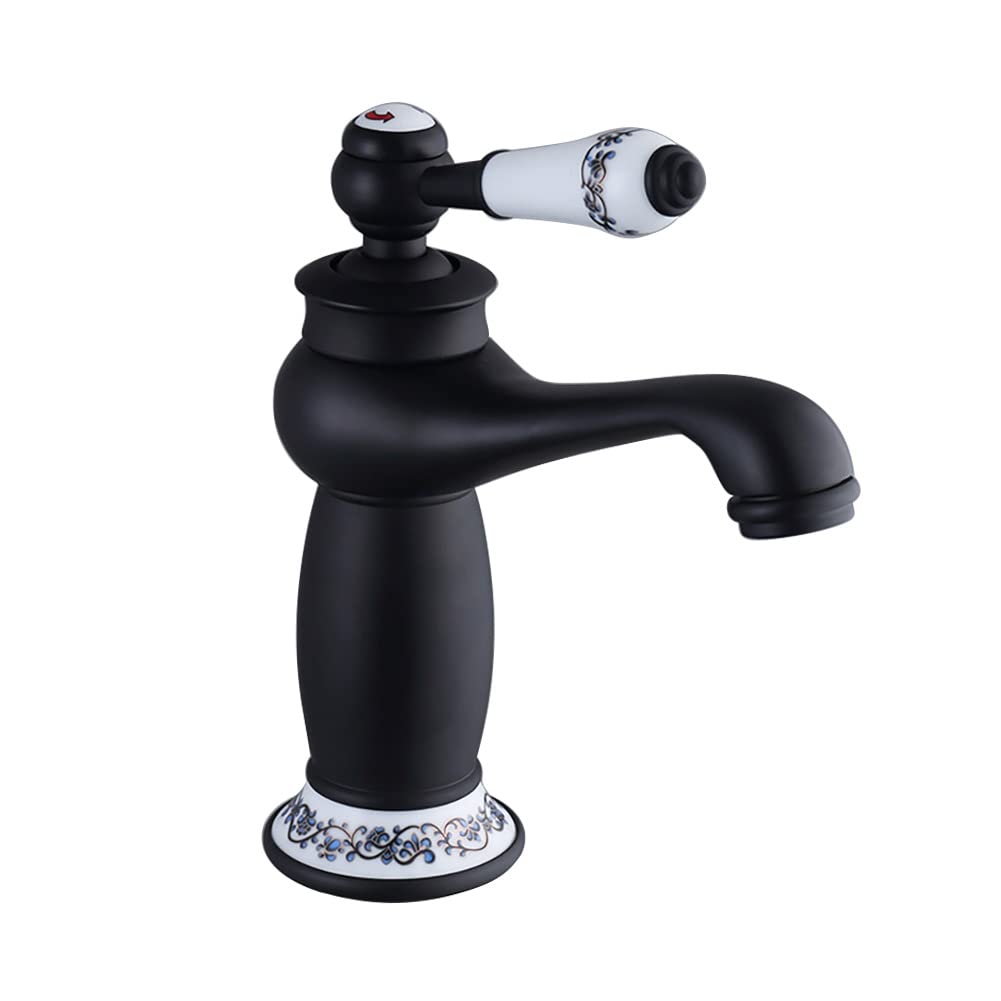 Eachbid Grifo de Lavabo Mezclador Monomando para Lavabo Grifo Baño Vintage Antique Latón y Cerámica (negro)