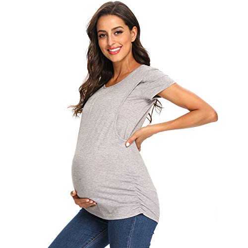 L Pattern Maternity Tops Women's Nursing Tops Short Sleeve Crew Neck For Breastfeeding Tee Shirts Grey #TOP4