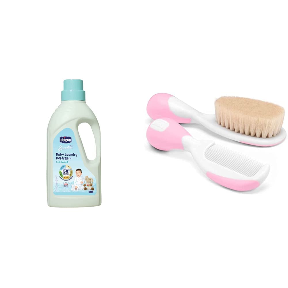 Chicco Baby Laundry Detergent, 5X Stain & Germ Fighter, Kills 99% of Germs, Dermatologically Tested for Effective & Gentle Cleaning, Fresh Spring (1 L) & Chicco Brush and Comb- Pink, 2 Piece-image-44