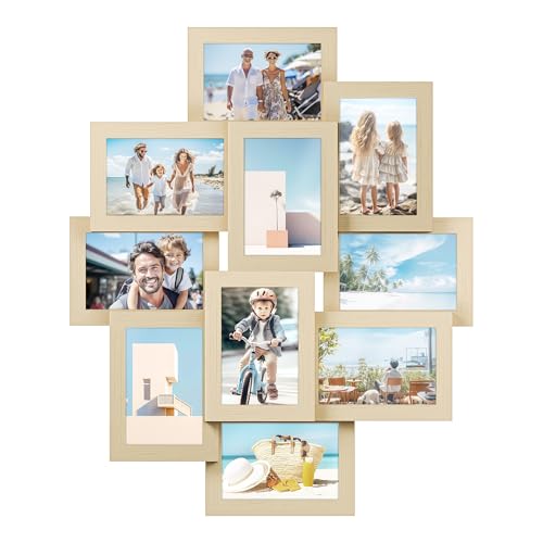 SONGMICS Collage de Marcos de Fotos, 10 Marcos para Fotos de 10 x 15 cm, Marcos de Fotos para Pared, Marcos Múltiples, Decoración de Pared, Regalos Navidad Originales, Beige Natural RPF020N01