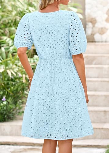 Image of KIRUNDO Eyelet Summer Dresses for Women 2025 Short Sleeve Tie Front Babydoll A Line Wedding Guest Beach Vacation Sundress
