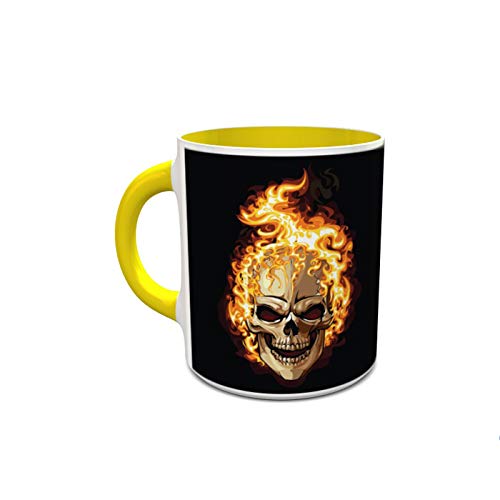 IMPRESS White and Yellow Ceramic Coffee Mug with Burning Skull Design
