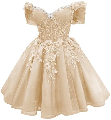 Sparkly Tulle Homecoming Dresses for Teens 3D Floral Lace Short Prom Dress Off Shoulder DAMA Dresses...