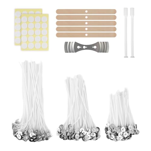Kit para Hacer Velas,300 Piezas de Mechas de Velas, Mecha de Vela de algodón Trenzada,mechas para Velas,Mechas Cerosas con Soporte de Madera Bases de Metal y Pegatinas, (Mechas 10/15/20cm)