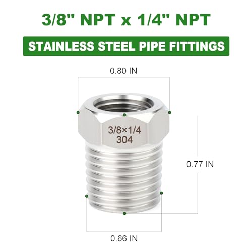 TAISHER 10PCS 304 Stainless Steel New Reducer Hex Bushing, 3/8\" NPT Male x 1/4\" NPT Female, Reducing Pipe Adapter Fitting