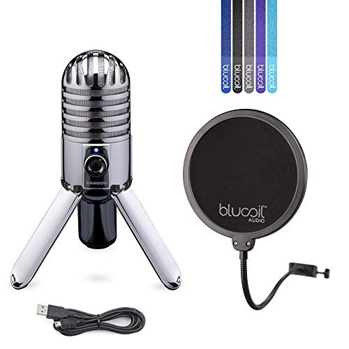 New Arrivals Samson Meteor Mic USB Cardioid Microphone with Mute Switch for Studio Recording (Chrome) Bundle with Blucoil Pop Filter Windscreen, and 5-Pack of Reusable Cable Ties