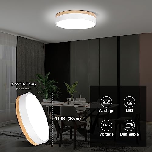 Woknos Modern Dimmable Led Close To Ceiling Light Minimalist Wood Oak Flush Mount Ceiling Light Fixture With Lampshade For Bedroom Living Room Bathroom Laundry Room (White-Dimmable, 11.8''/30Cm) #TOP3