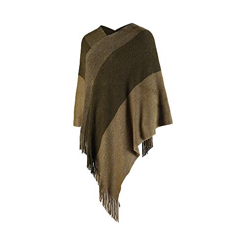 Image of Womens Poncho Sweater V Neck Striped Pullover Soft Scarf Wrap Cape with Fringes