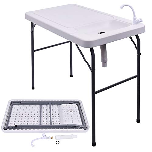 GYMAX Fish Cleaning Table, Folding Fish Fillet Table with Sink, 360 Degree Swivel Faucet & Drainage Hose, Portable Fish Cleaning Station for Picnic BBQ RV Travel Camping (Daisy)