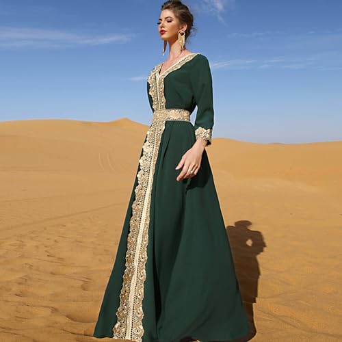 Image of IDOPIP Embroidery Abayas for Women Muslim Moroccan Floral Maxi Kaftan Dress Arabic Islamic Dubai Robe Ramadan Prayer Clothes