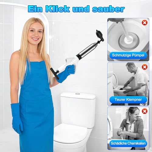 Rohrreiniger Druckluft Abflussreiniger Pumpe mit Drucklufttechnologie Der Pömpel Toilette für rohrfrei Ergebnisse mit Luftkompressions-System, integrierter Druckanzeige und 4 Saugnäpfen Weiß