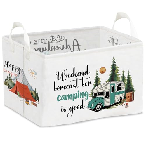 Camping Theme Toy Box, Toy Gift Bins Organizer for Boys Girls, Storage Bins with Handles, Rectangular Storage Basket- Happy Camper- Foldable Versatile Baby Kids Bin for Room Decor, Baskets Kids