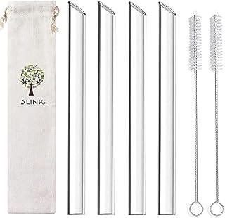 ALINK Reusable Glass Boba Straws, 14mm Extra Wide Clear Smoothie Straws for Bubble Tea, Pack of 4 with 1 Case and 2 Brush
