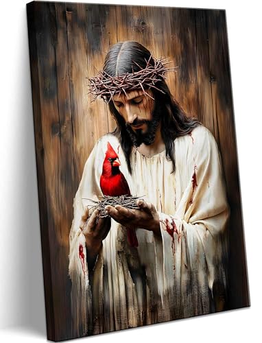 Jesus and Cardinal Canvas Wall Art Jesus Saves Cardinalis Painting Decor Picture Christian God Thorns Red Birds Posters Prints for Dining Living Prayer Room Kitchen Church Wall Bedroom Decoration