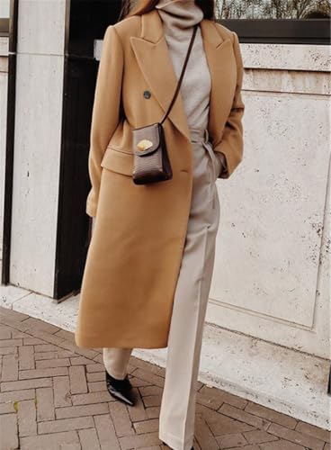 chouyatou Women's Double Breasted Wool Coat Notched Lapel Collar Winter Pea Coat Overcoat Long Jackets2