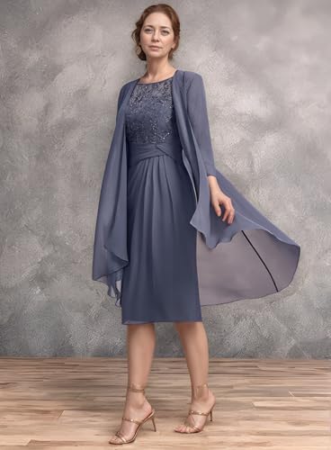 Women's Chiffon Two Piece Mother of The Bride Dress Tea Length Long Sleeve Lace Formal Wedding Guest Gown with Jacket2