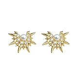 Pendientes geométricos de diseño original para mujer, diseño de sol dorado, circonita brillante, decoración de perlas de imitación, agujas de plata hipoalergénicas, joyería chapada en oro con