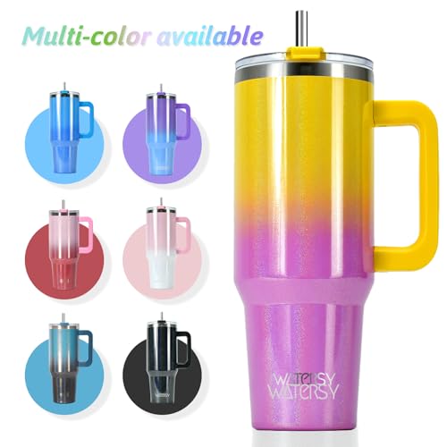 Image of 40 oz Shiny Tumbler with Handle and Straw,Stainless Steel Tumbler with Lid and Straw,Insulated Travel Mug(Cold for 34 Hours),Water Bottle for Iced Tea,Coffee (Yellow)