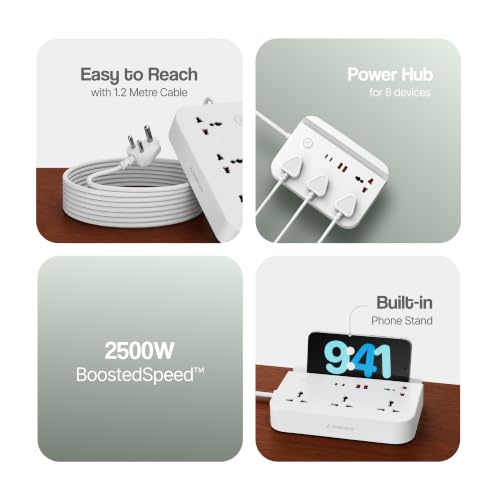 Image of Ambrane Extension Board, 2 Type C, 2 USB, 4 International AC Sockets, Mobile Stand, 2500W Output, Surge Protection, Child Safety, 1.2m Long Cable for Office, Home Appliances (Smartstrip 6, White)