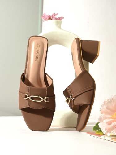 Image of Women's Block Heel Mule Sandals | Stylish Slip-On Heels with Metal Chain Detail | Cushioned Footbed | Square Toe Fashion Slides for Party, Office & Casual Wear