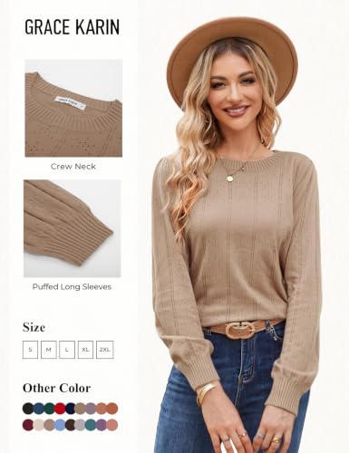 Image of GRACE KARIN Fall Sweaters for Women 2026 Puff Long Sleeve Crewneck Dressy Casual Tops Crochet Hollow Out Cute Pullover Blouse