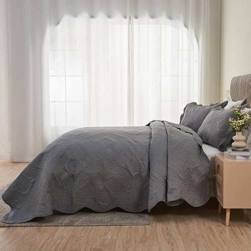 Image of Kingnex Oversized King Bedspreads 128x120 Extra Wide for Tall King or Cal King Bed Ultrasonic Quilted Coverlet Set 3 Piece Include 1 Quilt 2 Pillowcases Dark Grey