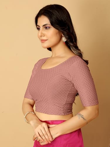 Image of Amazon Brand - Anarva Round Neck Dobby Cotton Lycra Stretchable Elbow Half Sleeve Readymade Saree Blouse for Women Stylish