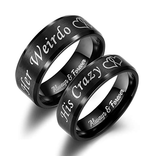 Lavumo His Crazy Her Weirdo Heart Rings For Couples Always And Forever Matching Promise Rings Black Wedding Bands Sets For Him And Her Stainless Steel Comfort Fit  thumb #3