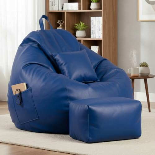 Image of KAM'S LIEU 5XL Luxury Faux Leather Bean Bag with Footrest & Cushion | Pre-Filled High-Density Polystyrene Beans | Premium Leatherette | 6 Months Warranty Color- (Royal Blue, Without Footrest)