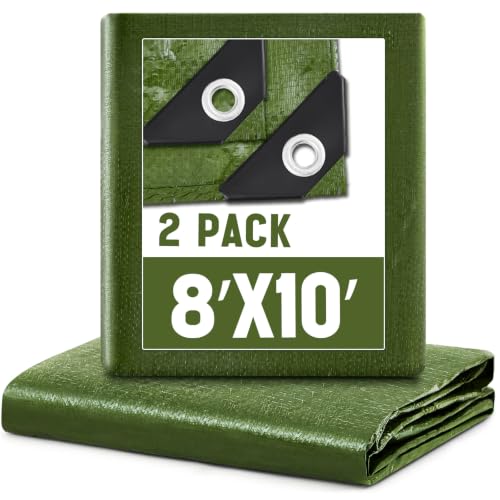Image of 2 Pack 8 x 10 ft 5.5 Mil Tarps Heavy Duty Waterproof Tarp, Army Green | Tarp for Under Tent, Multi Purpose Tent Cover for Home Boats Car Camping Patio Furniture Roof Emergency Rain Protective Cover