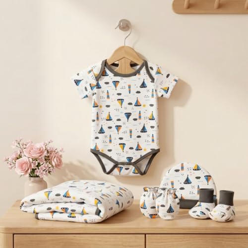 Image of TINYLANE - Curated For You! Newborn Baby Gift Set Baby Hamper for New Born, Bodysuit with Cap, Mittens and Double Layer Blanket, Baby Gifts Newborn, New Born Baby Essentials